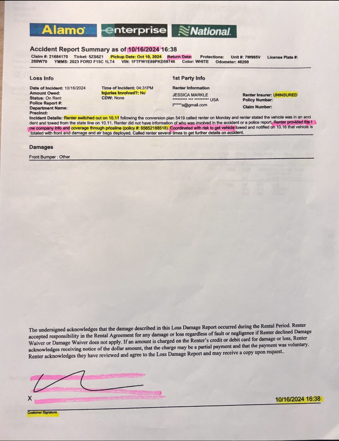 10/16/2024 Enterprise accident summary — forged signature, wrong date, wrong injury status, wrong coverage