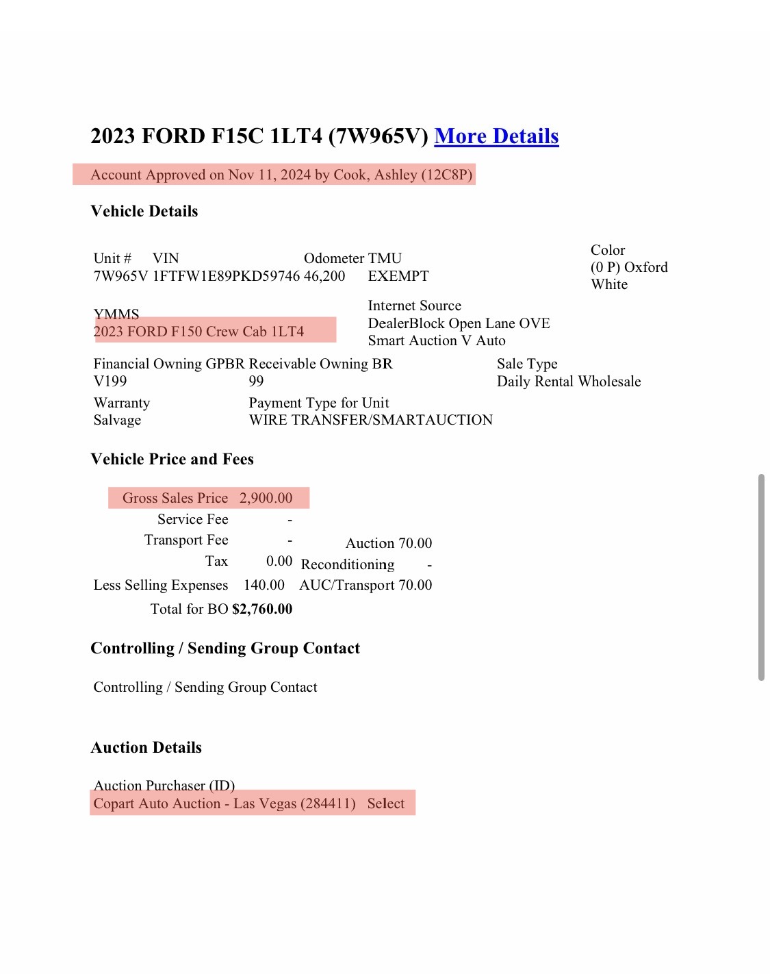 11/11/2024 Copart auction sale record — VIN 1FTFW1E89PKD59746 — primary evidence destroyed