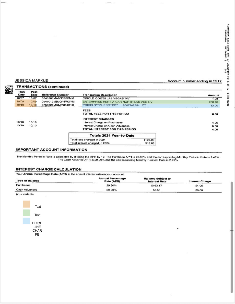 Priceline credit card receipt — color-coded breakdown — $288.90 charge 10/09/2024