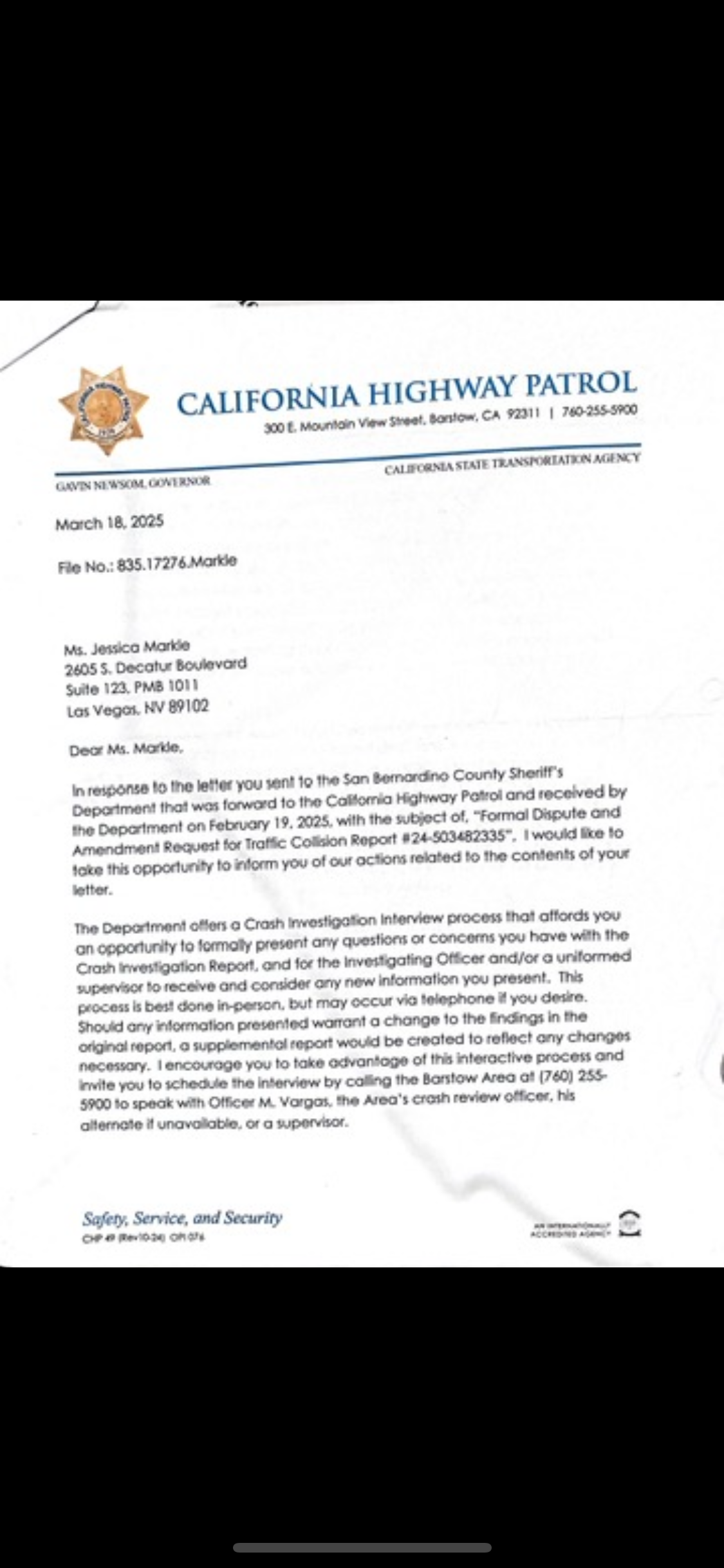 Captain E. Meeker CHP Barstow Area response letter — March 18 2025 — page 1