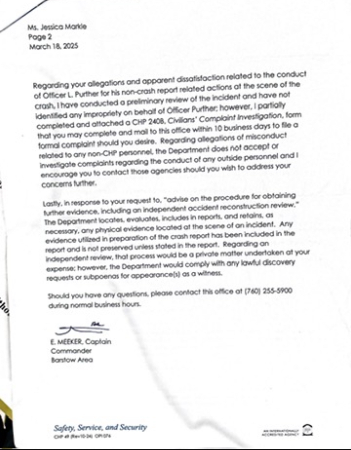 Captain E. Meeker letter page 2 — evidence not preserved unless in report