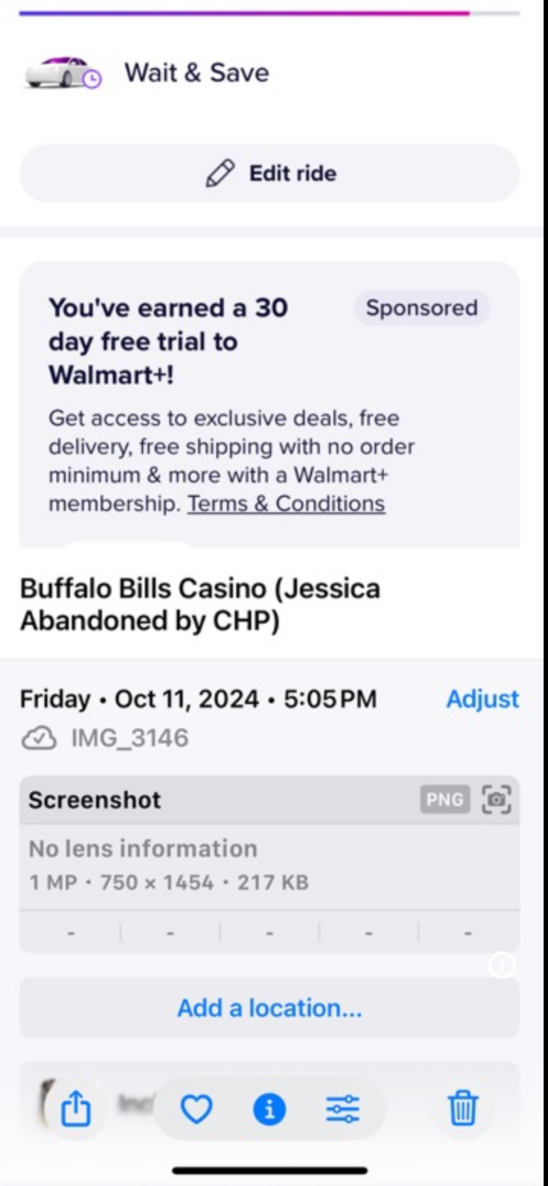 Lyft trip detail — Buffalo Bills Resort Primm NV pickup — labeled Jessica Abandoned by CHP