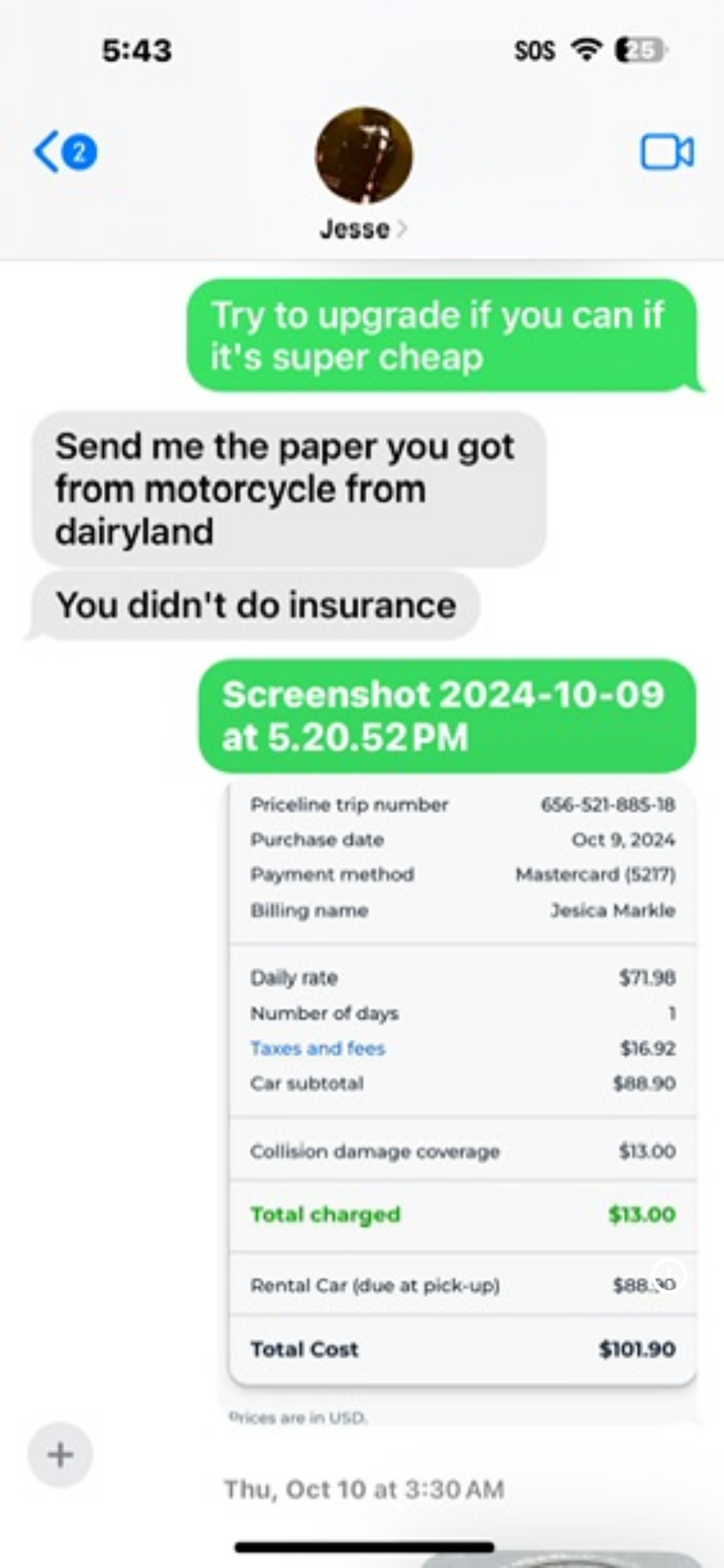 10/09/2024 Text Message — Josh to Jessica confirming Priceline coverage at Enterprise counter